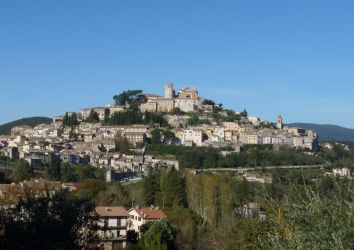 Un panorama di un antico borgo su una collina, caratterizzato da edifici storici e circondato da natura.