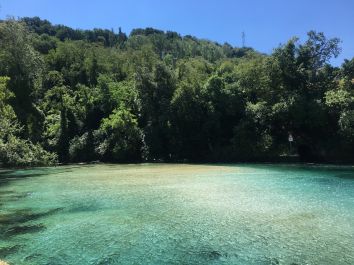 Un lago limpido circondato da vegetazione verdeggiante sotto un cielo sereno.