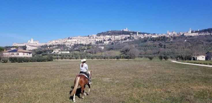 Un cavaliere attraversa il paesaggio umbro, con dolci colline e vegetazione, mentre il palazzo di Assisi si intravede in lontananza.