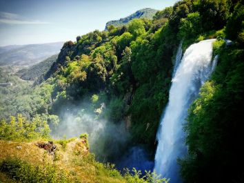 Scena di una cascata immersa in un ambiente naturale, circondata da vegetazione verde.