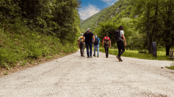 Un gruppo di escursionisti cammina su un sentiero in ghiaia, circondato da alberi e vegetazione verde.