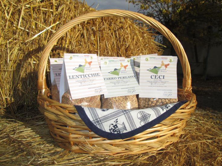 Cestino contenente lenticchie, farro e ceci, esempio di prodotti freschi e genuini della fattoria.