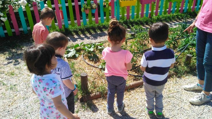 Bambini giocano e osservano un orto in un ambiente esterno sereno e ben curato.
