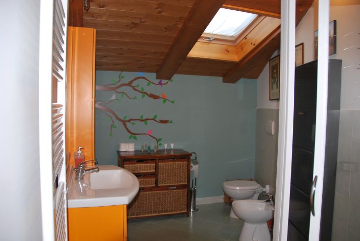 Une salle de bain confortable avec des décorations simples et suffisamment d'espace, parfaite pour des moments de détente.