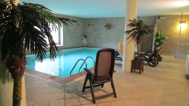 Ein beheizter Innenpool in einer ruhigen Umgebung, umgeben von dekorativen Pflanzen und Liegen zum Entspannen.