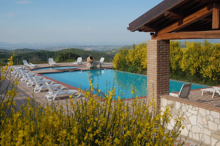 Ein Pool, der in der umbrischen Landschaft liegt, umgeben von Pflanzen und grünen Hügeln.