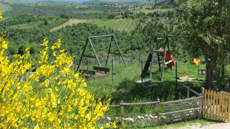 Ein Spielplatz für Kinder, umgeben von grünen Hügeln und wilden Blumen.