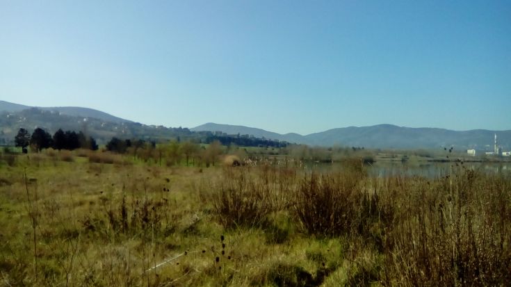 Landscape featuring green hills and a lake, enveloped in a serene atmosphere.