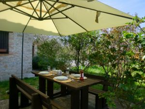Dining table set in a garden, surrounded by plants, perfect for outdoor meals.