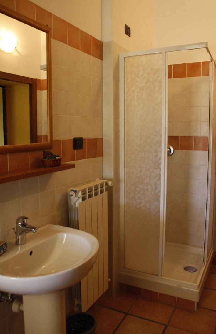 Bagno con un design semplice, dotato di doccia, lavabo e specchio. Illuminato da luce naturale e caratterizzato da toni chiari.