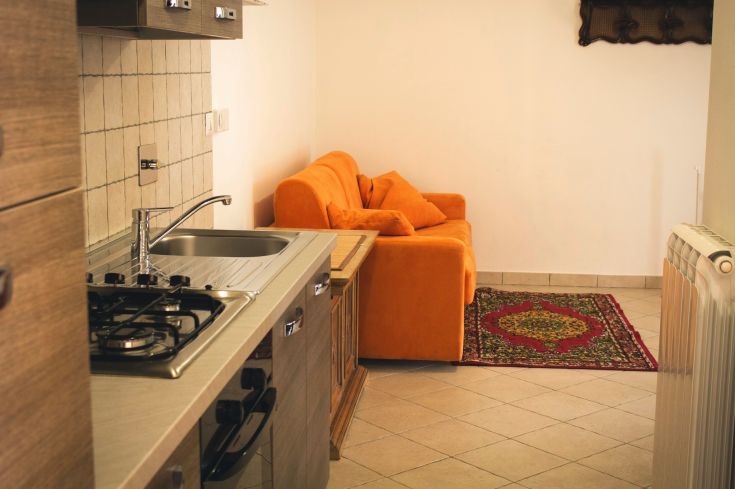 Innenansicht eines Palastes mit einer funktionalen Küche und einem orangefarbenen Sofa. Heller und gut eingerichteter Raum.