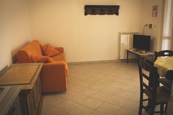 Gemütliche Wohnung mit einem orangefarbenen Sofa und Fernseher, ideal für entspannende Momente.