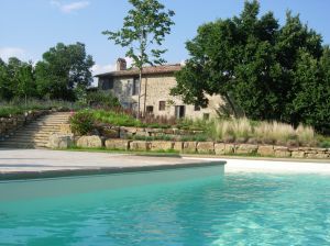 Eine schöne Poolszene, umgeben von üppigem Grün, mit einem Steingebäude im Hintergrund.