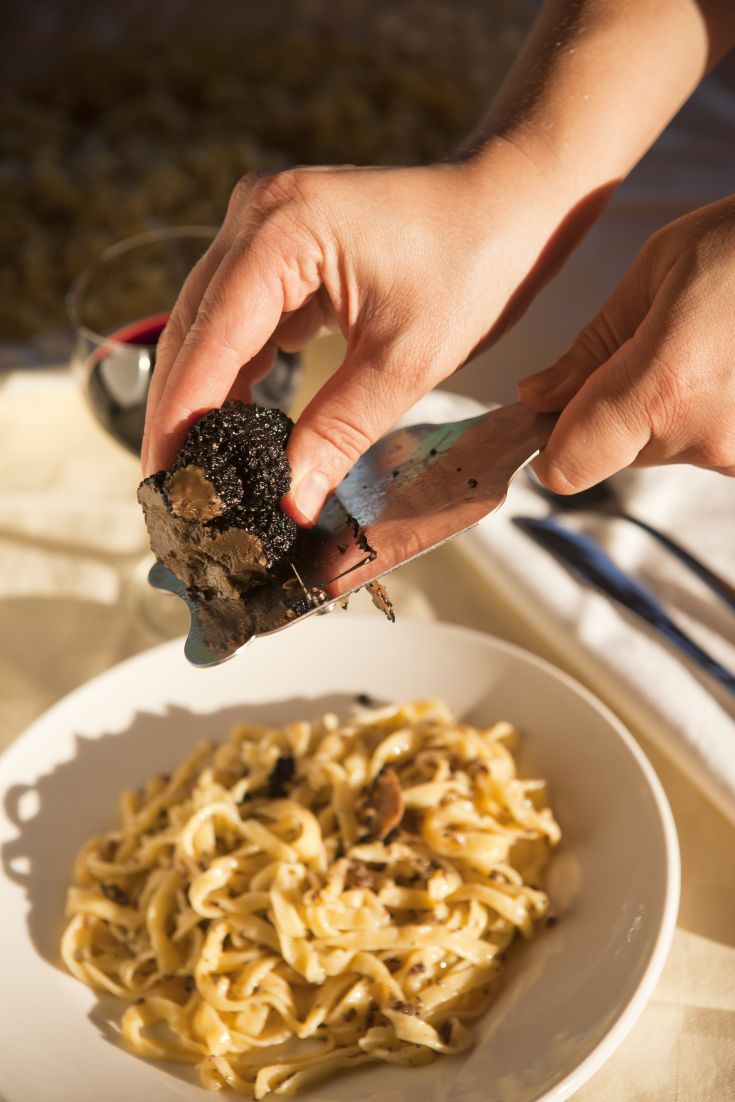 Un cuoco affetta del tartufo su un piatto di pasta preparato con attenzione.