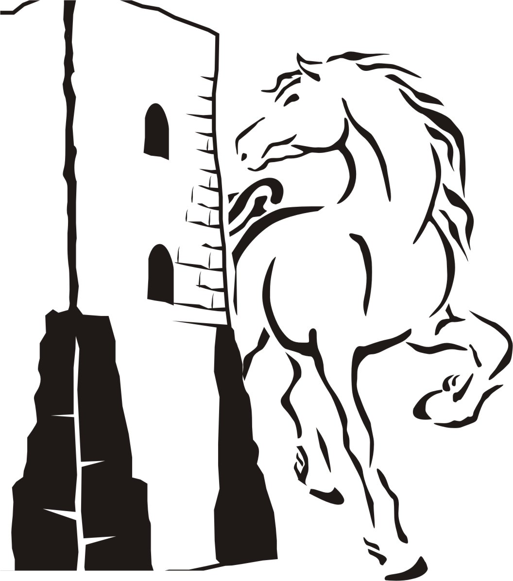 Un cavallo bianco si trova accanto a una torre, un richiamo alla storia e alla bellezza del paesaggio.