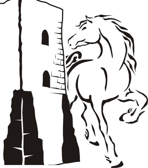 Un cavallo bianco si trova accanto a una torre, un richiamo alla storia e alla bellezza del paesaggio.