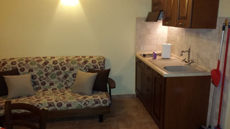 A cozy living area with a sofa and kitchen, perfect for relaxing and socializing.