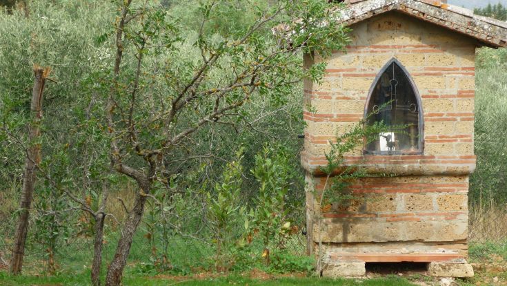 A chapel surrounded by trees in a peaceful rural landscape.