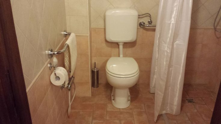 A sober bathroom with sanitary fixtures, a bathrobe, and a separate shower in a bright, tidy space.