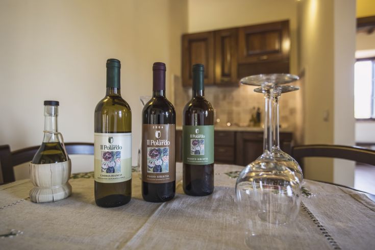 Three bottles of Il Polardo estate wine on a table, with a bright and welcoming kitchen in the background.