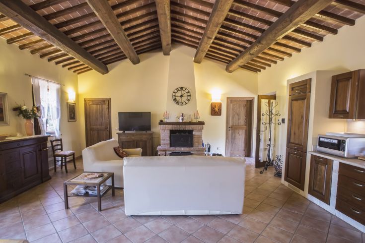 A cozy living room with wooden beams, a fireplace, and a small kitchen area.