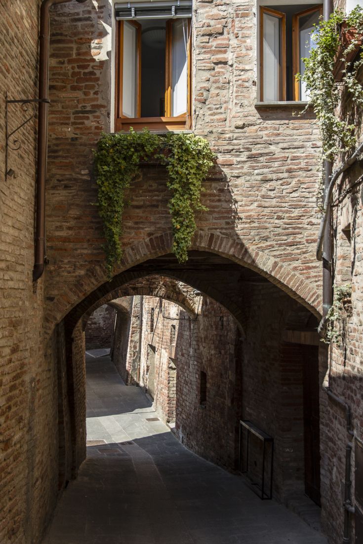Charming alley with brick arches and open windows, located in a historic setting.
