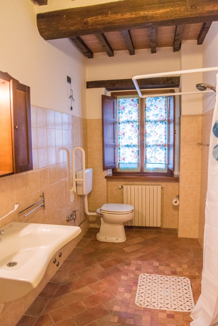 Salle de bain spacieuse et lumineuse avec des fenêtres ornées de plantes et un sol en terre cuite aux détails simples.