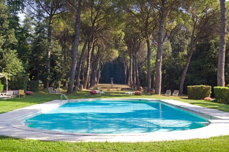 Une piscine située dans une zone verdoyante, entourée d'arbres et d'espaces extérieurs, idéale pour se détendre.