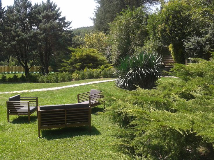 Un'area verde con poltrone in legno e un sentiero che si snoda tra gli alberi del parco.