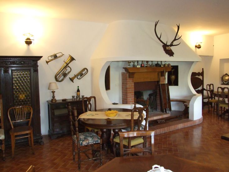 Ambiente interno di una villa con camino e dettagli legati alla musica.