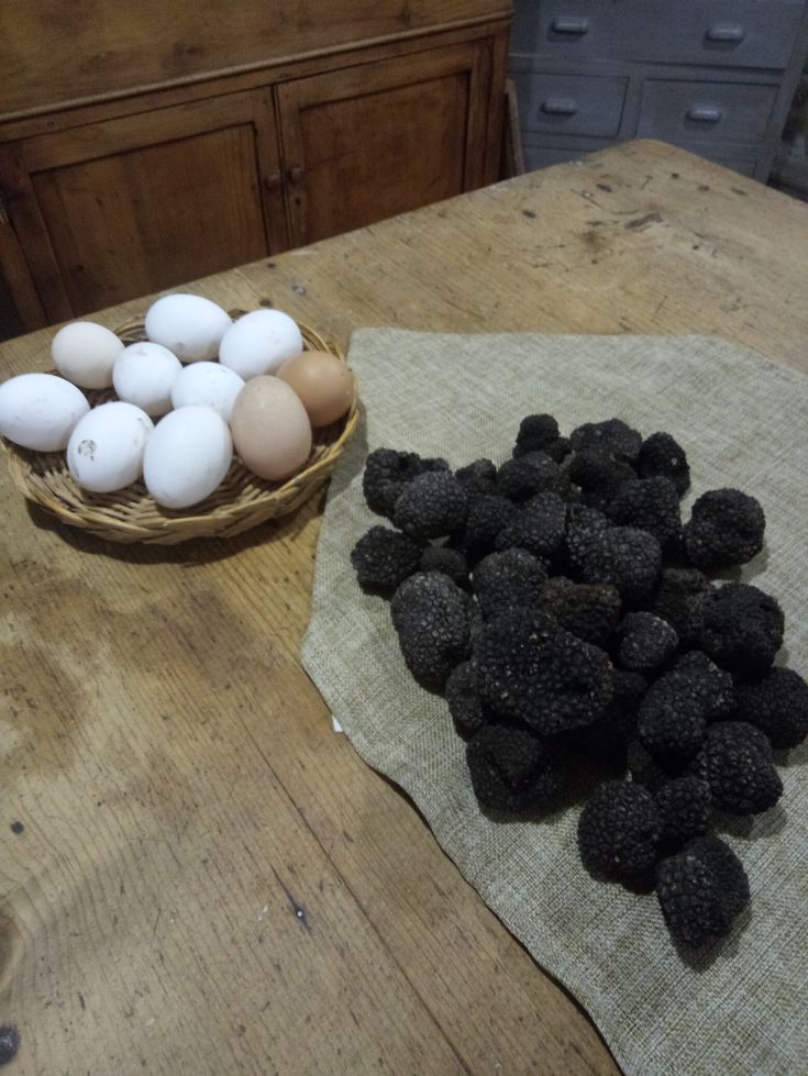 Uova e tartufi freschi su un tavolo in legno, mostrando ingredienti selezionati per la cucina.
