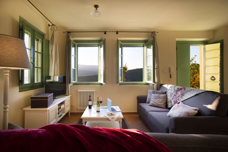 A cozy living room with windows overlooking a natural landscape.