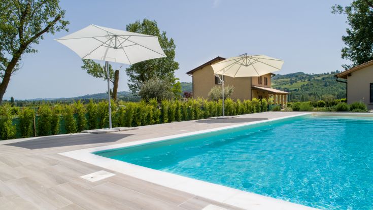 Piscina immersa nel verde, circondata da alberi e lettini, perfetta per momenti di tranquillità e svago.