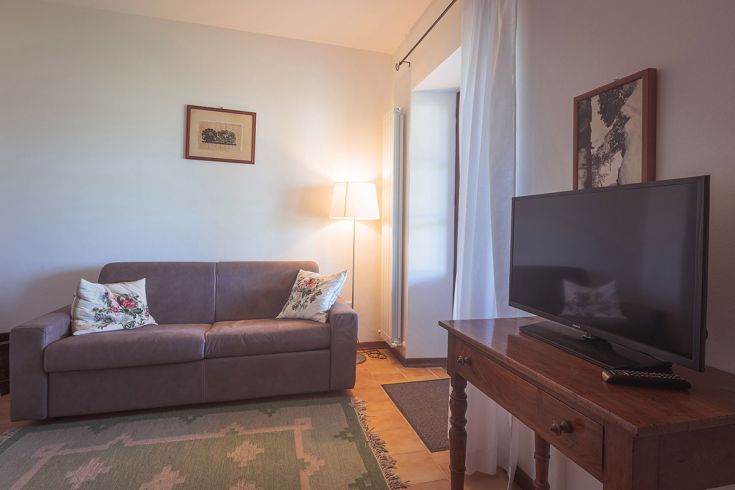 Soggiorno confortevole in un agriturismo, arredato con divano e TV in un ambiente luminoso e piacevole.