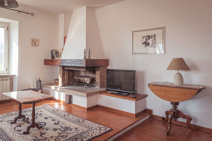 Accogliente soggiorno con camino e arredi in legno, ideale per momenti di relax e convivialità.