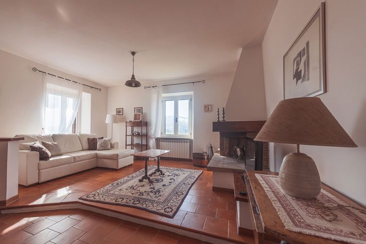 Un soggiorno confortevole con un divano, illuminato da finestre e dotato di un camino e alcune decorazioni.