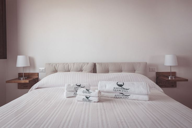 Camera semplice con letto matrimoniale e asciugamani presso l'agriturismo. Spazio per rilassarsi e riposarsi.