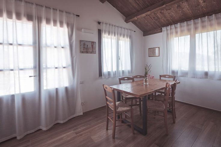 Ambiente accogliente e luminoso, arredato con un tavolo in legno e sedie, decorato con piante e fiori, perfetto per rilassarsi.