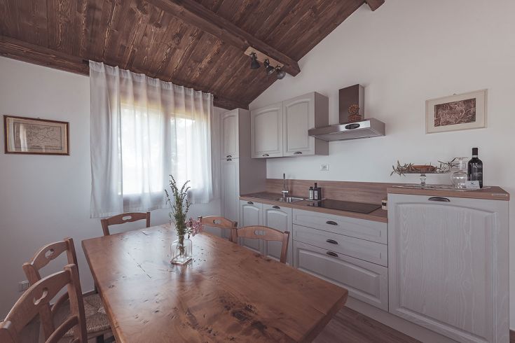 Cucina spaziosa e ben illuminata in un agriturismo circondato da vegetazione.