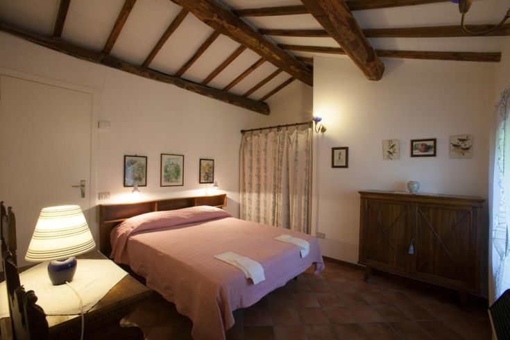 A simple room in a building, featuring wooden details and equipped with modern comforts.