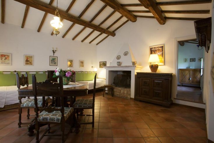 Rustic interior with a wooden table and chairs, exposed beams on the ceiling, and a lit fireplace.