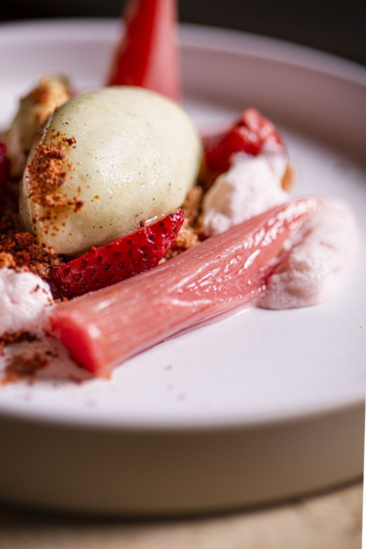Un dolce fresco con gelato verde, fragole e rabarbaro, servito su un elegante piatto bianco.
