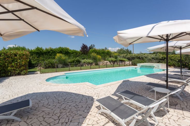 Ein Außenbereich mit einem Swimmingpool, umgeben von einem grünen Garten und Liegen zum Entspannen.