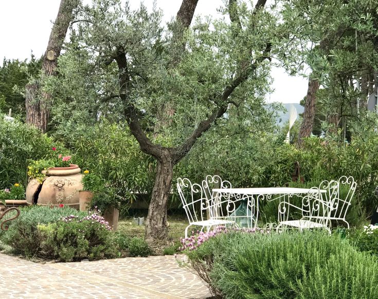 Un'atmosfera serena in un giardino, con un tavolo e sedie bianche disposti per il relax.