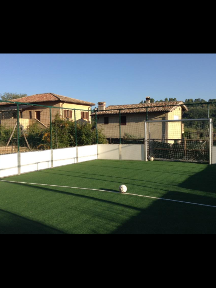 Synthetic grass football field surrounded by traditional houses and green areas.
