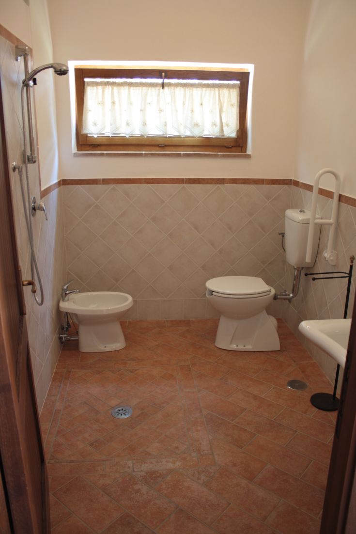 Interior of a bathroom furnished with a shower, toilet, and bidet. Organized and practical space.