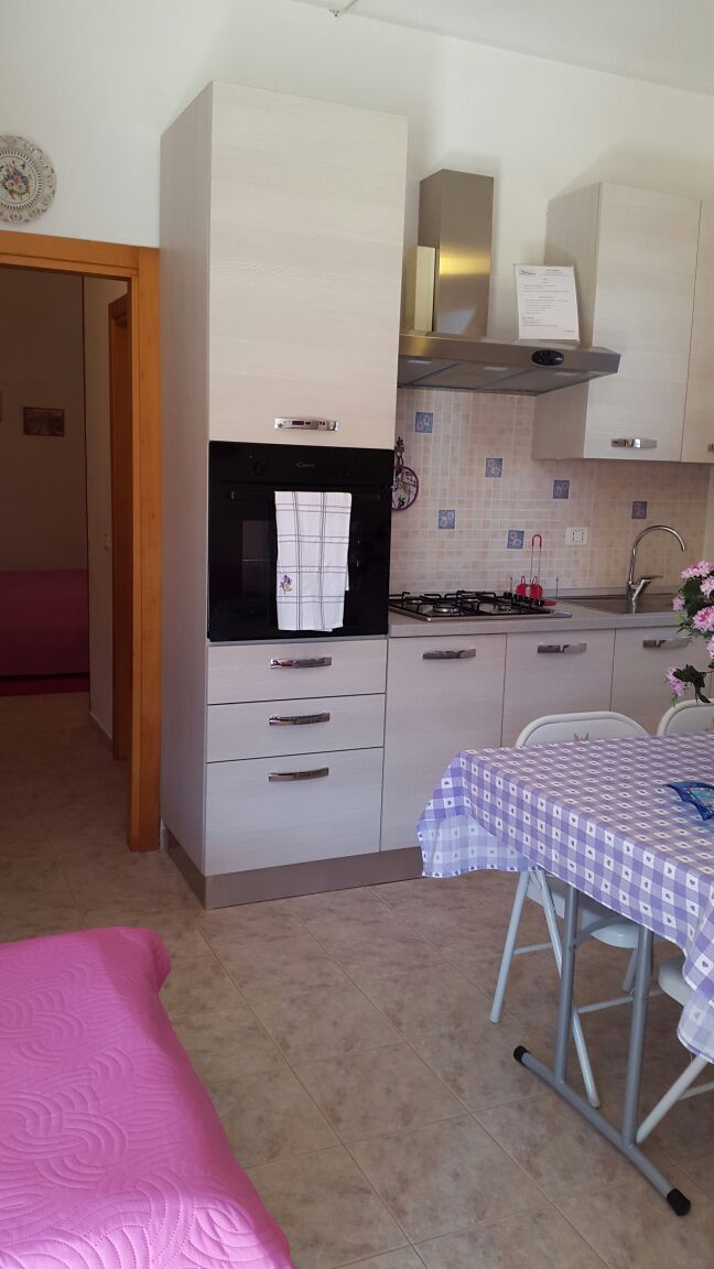 Une cuisine moderne et fonctionnelle, avec des meubles simples et une table bien dressée.