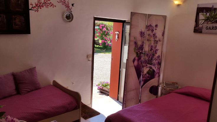 Intérieur simple et lumineux avec des lits et une vue sur le jardin.