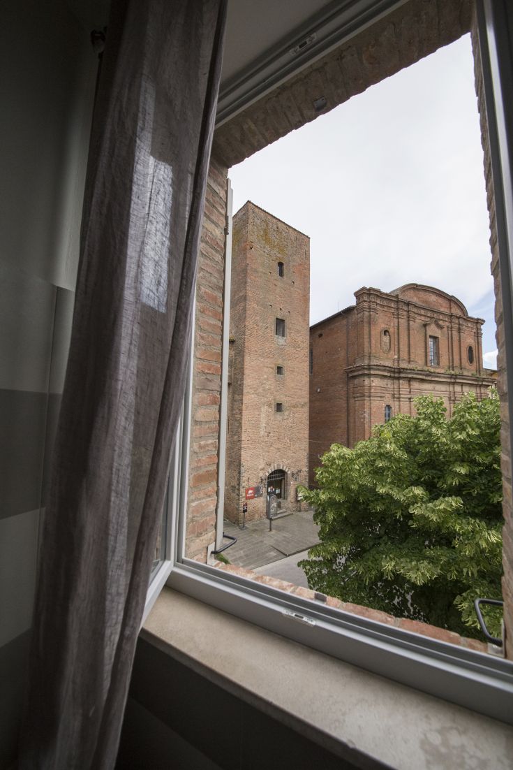 View of a historic palace seen through a window, with green plants in the foreground.