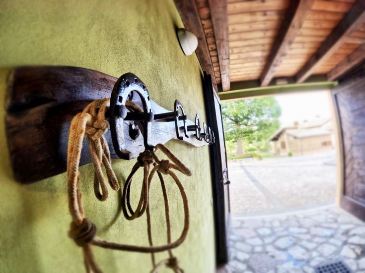 Un attaccapanni in legno con nodi, immerso in un contesto naturale, è pronto ad accogliere i visitatori.
